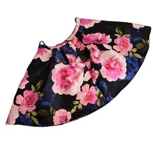 B. Darlin Pink Floral Satin Pleated Mini Skirt Black Rose Print Size 11/12
